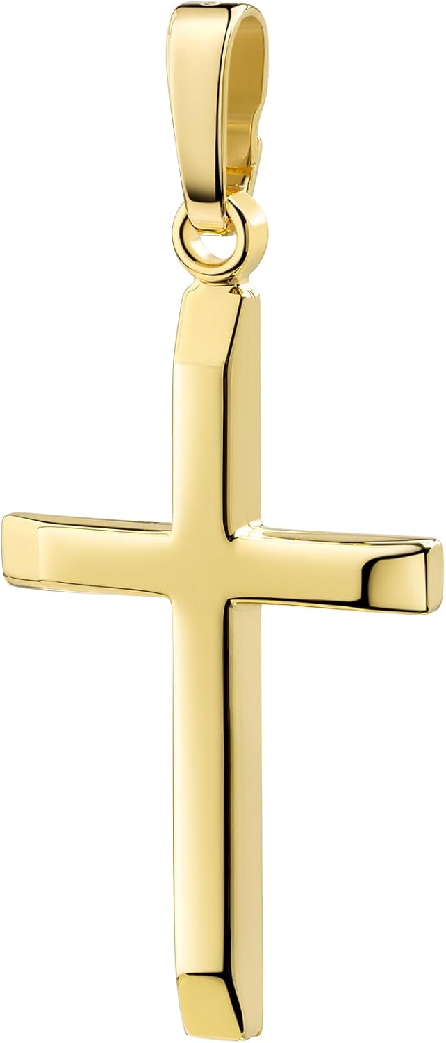 Women's Pendant 750 Gold 18 Carat Yellow Gold Cross Pendant Real Gold with Flattened Edges Cross with Necklace or without Chain Selectable
