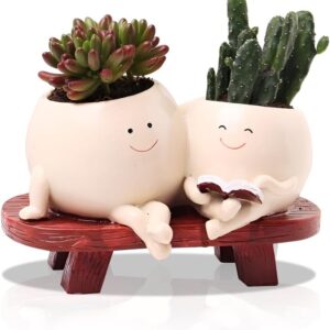 Lotvic Flower Pot with Smiley Face, Funny Flower Pots for Indoors, Plant Pot Succulents with Drainage Hole, Cute Flower Pots with Face on a Bench Sitting and Reading, Grow Succulents (Read)