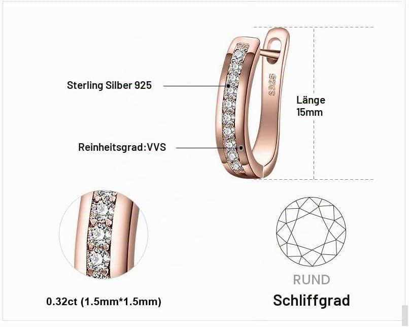 JewelryPalace Hoop Earrings Silver Women's Earrings, 925 Sterling Silver Hoop Earrings with AAA Zirconia, Small Sleeping Hoops, Huggie Hoop Earrings, Sterling Silver Jewellery Set, Rose Gold – Bild 2