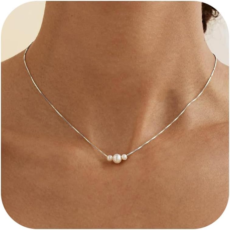 Women's Pearl Necklace, Waterproof 18 K Gold/Silver Gold-Plated Pearl Necklace and Pearl Earrings Set with Pearl Bracelet, Adjustable Bridal Jewellery, Gold Necklace for Women, Ladies Jewellery