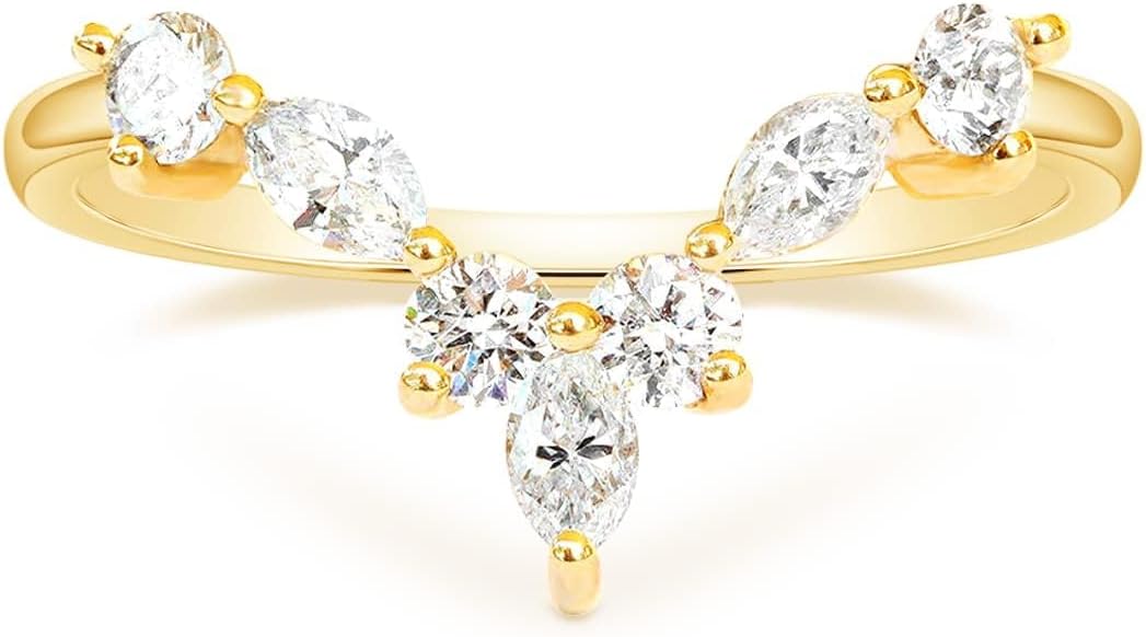 Women's Engagement Ring V-Shape Curved Narrow Marquise and Round Cubic Zirconia Wedding Rings Promise Ring