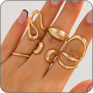 TABOJS 4-Piece Ring Set Gold Women's Chunky Rings Gold, Waterproof Gold-Plated Stackable Statement Rings, Gold Jewellery Set Finger Rings, Gold Ring Women