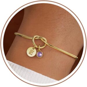 Turandoss Geburtsstein Armband Damen Gold – 14K Gold Vergoldet Knoten Armband mit Buchstaben A–Z Personalisierter Schmuck Armreif Ideales Geschenke für Frauen Mädchen Mutter Freundin
