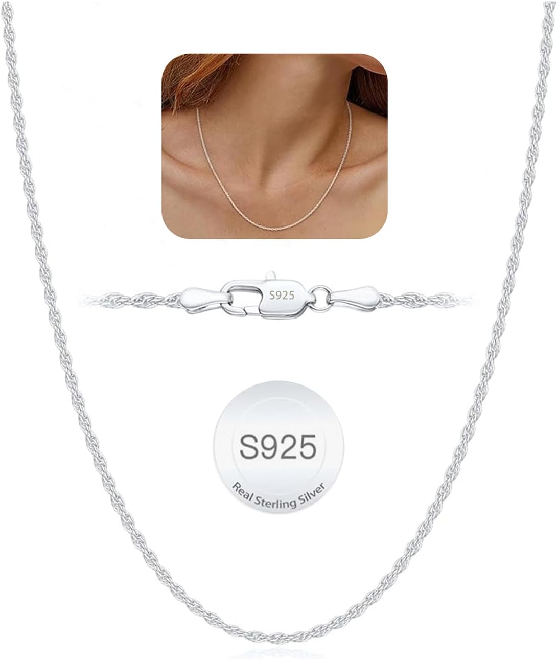 Esrael 925 Sterling Silver Solid 1.5 mm 2 mm Cord Chain Necklace for Women, Robust Non-Fading Silver Chain, Women's Jewellery, Gifts for Women, 14/16/18/20/22/24 Inches