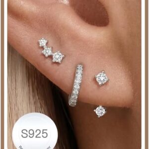 3 Pairs of Earrings Silver 925 Set for Women Hoop Earrings Hypoallergenic Earrings Small Zirconia Stud Earrings Silver Jewellery for Multiple Piercings