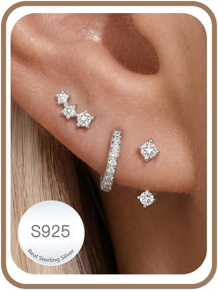 3 Pairs of Earrings Silver 925 Set for Women Hoop Earrings Hypoallergenic Earrings Small Zirconia Stud Earrings Silver Jewellery for Multiple Piercings