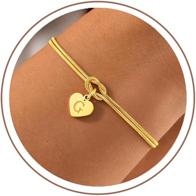 Turandoss Women's Gold Bracelet - 18K Gold Plated Knot Bracelet with Letters A-Z Heart Pendant Bracelets Gifts for Women Girlfriend Girls Maid of Honor Gift Women