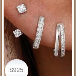 3 Pairs of Earrings Silver 925 Set for Women Hoop Earrings Hypoallergenic Earrings Small Zirconia Stud Earrings Silver Jewellery for Multiple Piercings