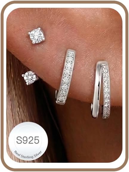 3 Pairs of Earrings Silver 925 Set for Women Hoop Earrings Hypoallergenic Earrings Small Zirconia Stud Earrings Silver Jewellery for Multiple Piercings