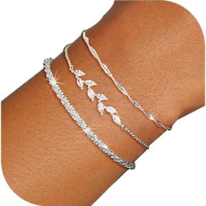 Aidenn 3 Pieces 925 Sterling Silver Bracelet Women’s Silver Zirconia Accents Bracelets Set Adjustable Stackable Chain Bracelet Jewellery for Women Girls as a Gift