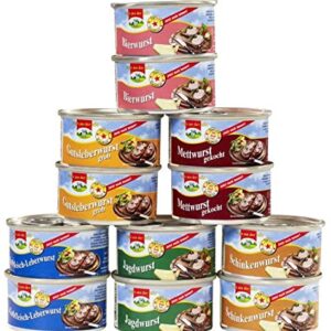 12 cans of 125 g canned sausage, 6 varieties each 2 cans, total 1.5 kg, food supply, canned food, herbs, alcohol-free