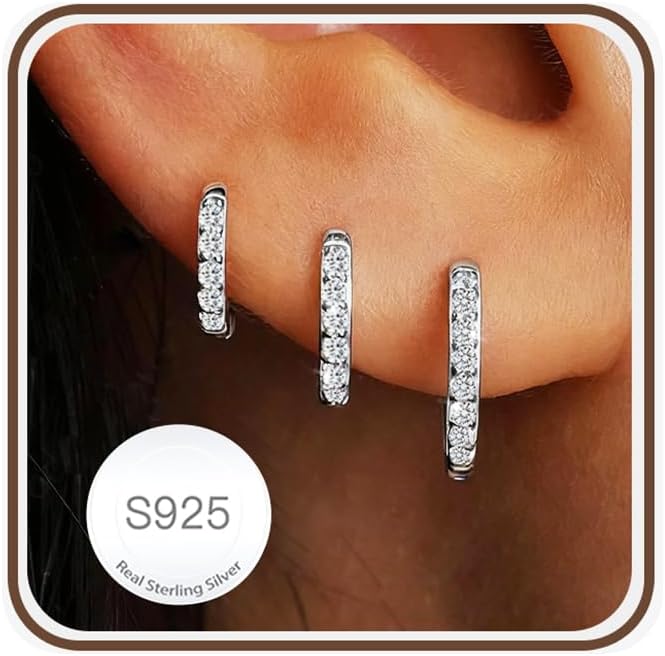 AVOTTO 3 Pairs of Earrings Silver 925 Set for Women Hypoallergenic 14K Gold Earring Stacks Silver Earrings Huggie Hoops Earrings for Multiple Piercings