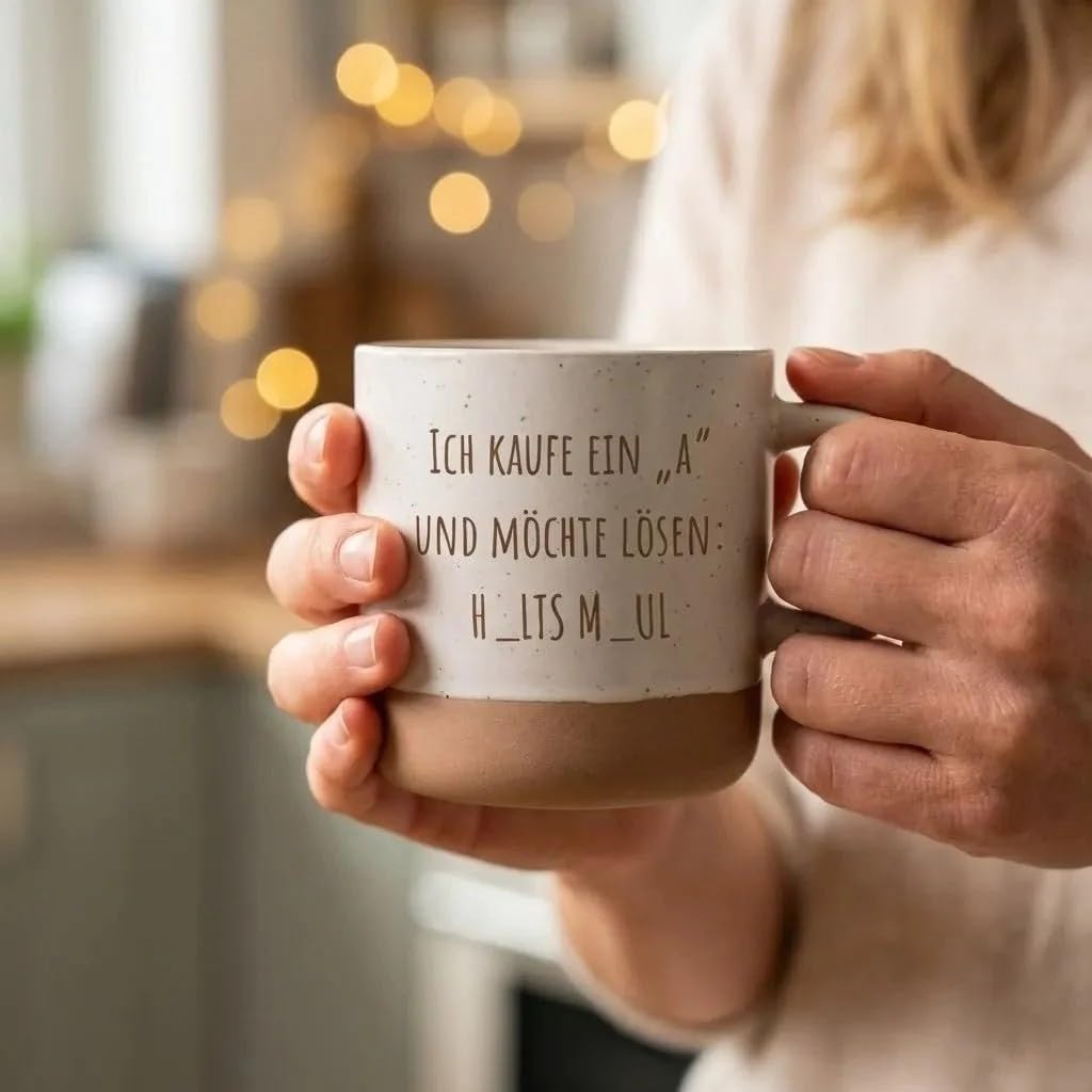Laser Tattoo Mug Engraved with German Text "Ich kaufe ein A und möchte lösen: H_lts M_ul, 360 ml, Stoneware, Funny Office Gift for Colleagues, Dishwasher Safe (H_lts M_ul) – Bild 2