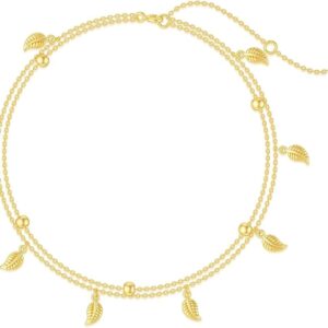 375/9K Real Gold Leaves Double Chain Anklet for Women, Yellow Gold Leaves Tassels Anklets, Jewellery Gift for Anniversary, Birthday for Wife, Mother, Girlfriend, 20 + 5 cm