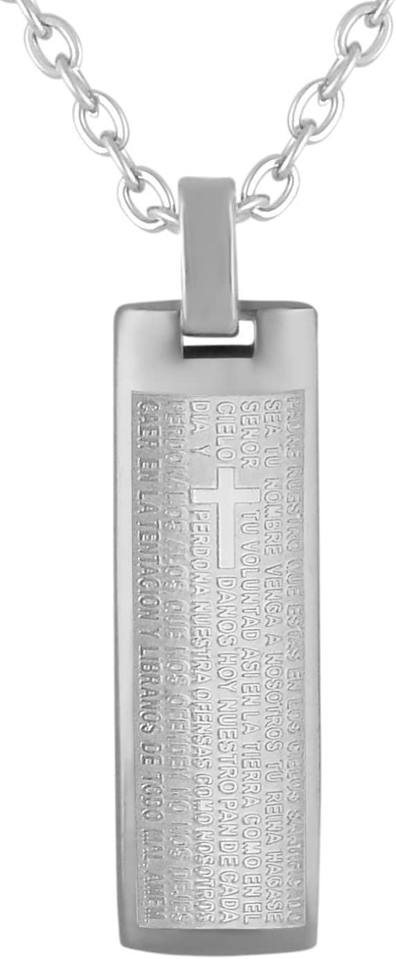 Personalised Necklace with Engraving Stainless Steel 45-60 cm with Pendant Rectangle with "Our Father" (Spanish) in Silver - Necklace Men and Women - Personalised Jewellery for Men and Women