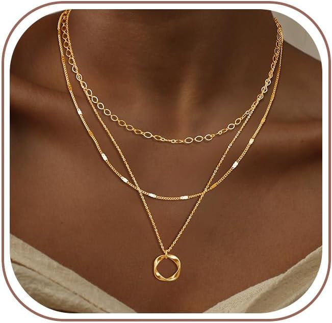 Tewiky Layering Necklace Women's - 14K Gold Plated / 925 Silver Trendy with Circle Pendant, Waterproof Jewellery Set Gifts for Women Girls