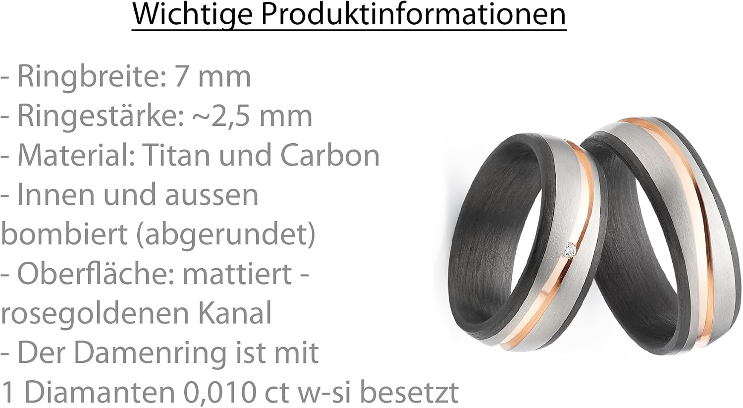 Blue Moon Diamonds Wedding Rings & Partner Rings Made of Titanium, Carbon & Rose Gold with Diamond 0.010 Carat W/SI, Pair of Wedding Rings with Engraving and Case, 7 mm, Size 50-74, Model 4286 – Bild 3