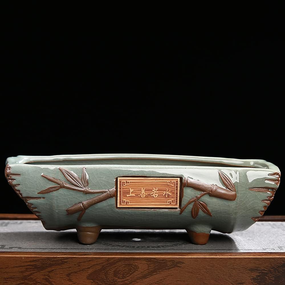 Bonsai Pots - Large Rectangular Creative Ceramic Flower Pot, Vintage Stone Design for Green Plants, Great for Meaty Plants, Chinese Style