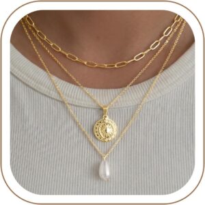Turandoss Women's Gold Chain, 14 K Gold-Plated Layering Necklace, Women's Chain with Coin Beads Pendant, Snake Chain, Figaro Stackable Necklace Set, Birthday Gift for Girls, Women, Pack of 3