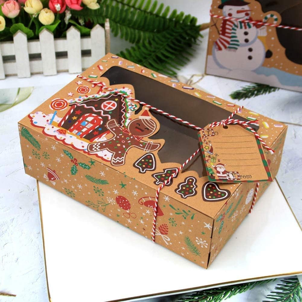 KAHEIGN 12 x Christmas Cookie Boxes, 22 x 15 x 7 cm Christmas Gift Boxes, Biscuit Boxes, Cake Boxes with Window and Tag Cards for Bakes, Chocolate Box Packaging – Bild 4