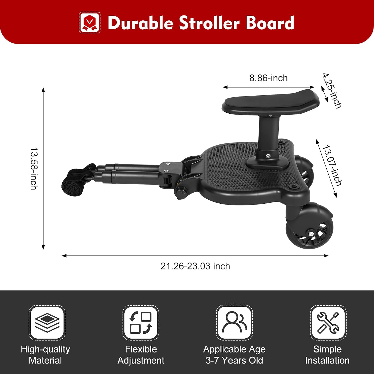 Universal Buggy Board, 25 kg Load Capacity, Black, Foldable, Removable Kiddyboard, Running Board, Wheeled Board, Carriage Board with Seat, Pram Organiser, Hanging Strap for Children from 2-6 Years – Bild 5