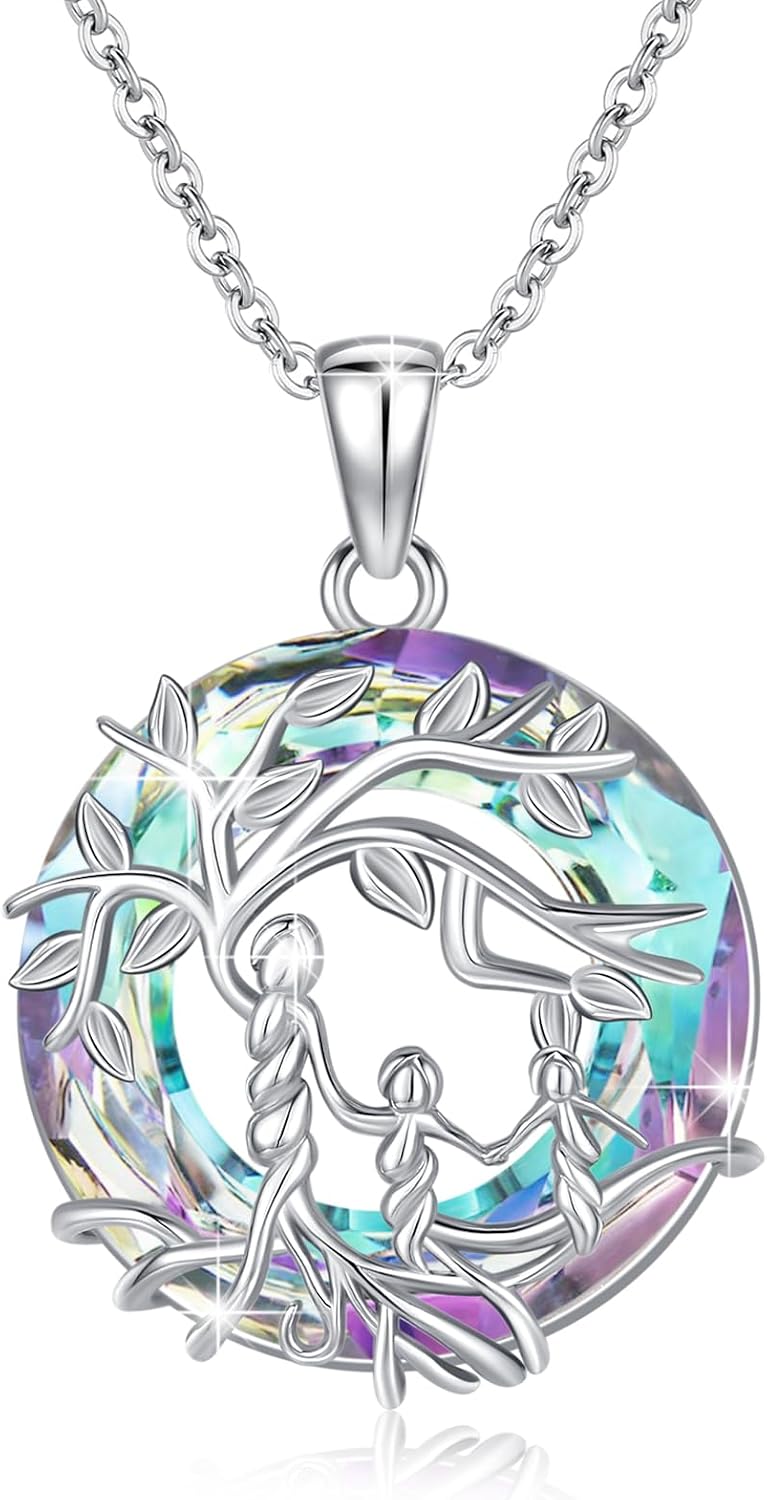 Women's Tree of Life Necklace 925 Sterling Silver Mother Children Daughter Son Tree of Life Family Heart Pendant Jewellery Gifts for Mum Girls