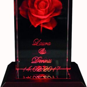 VIP-LASER 3D XL Glass Crystal Cuboid – Rose with Two Names and Date in Portrait Format – For People You Love!