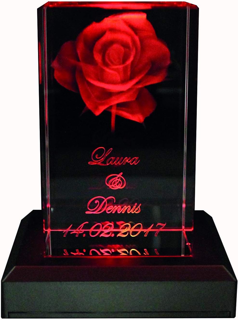 VIP-LASER 3D XL Glass Crystal Cuboid - Rose with Two Names and Date in Portrait Format - For People You Love!