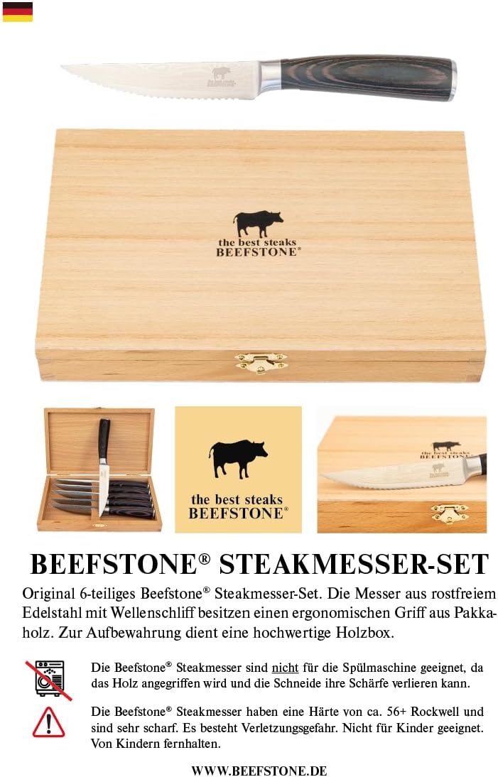 Steak Knife Set 6 Pieces Professional Chef's Knife, Ergonomic Wooden Handle, Serrated Edge, Gift Idea with Wooden Box for Storage – Bild 8