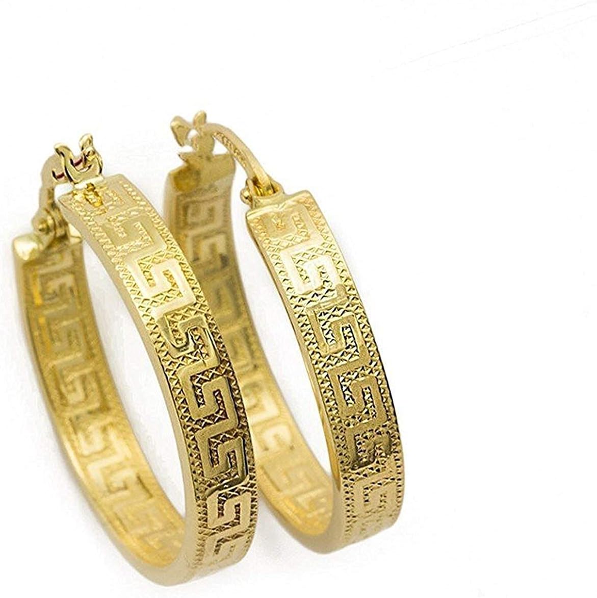 PRI37A Small Greek Key Hoop Earrings Yellow Gold 18 Carat / 750 Gold Diamond-Coated (2 x 14 mm Diameter)