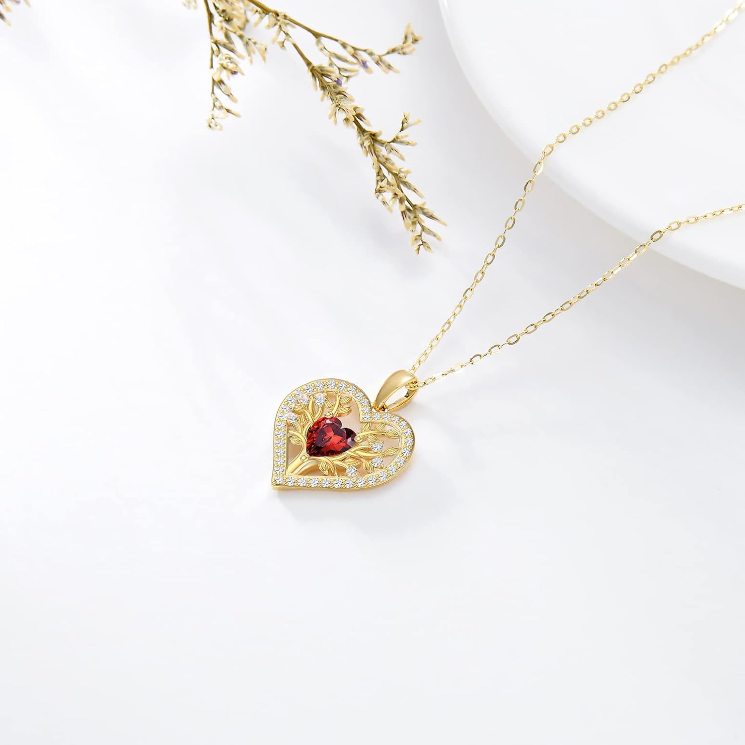 9k Gold Tree of Life Necklace for Women, 375/9ct Real Gold Tree of Life Birthstone Heart Pendant Necklace Jewellery Gifts for Birthday Christmas 40 + 5 cm – Bild 6