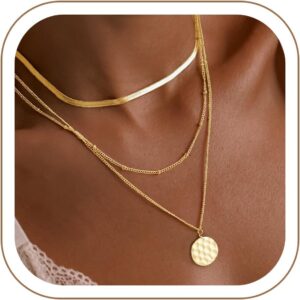 Turandoss Women's Gold Chain, 14 K Gold-Plated Layering Necklace, Women's Chain with Coin Beads Pendant, Snake Chain, Figaro Stackable Necklace Set, Birthday Gift for Girls, Women, Pack of 3