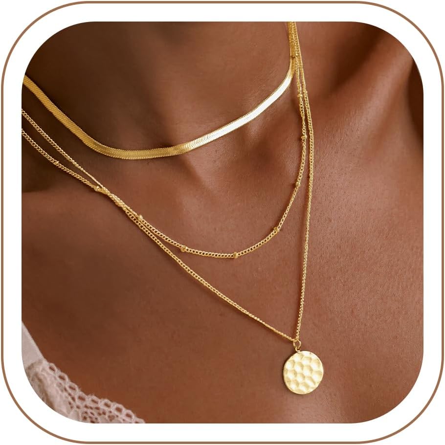 Turandoss Women's Gold Chain, 14 K Gold-Plated Layering Necklace, Women's Chain with Coin Beads Pendant, Snake Chain, Figaro Stackable Necklace Set, Birthday Gift for Girls, Women, Pack of 3