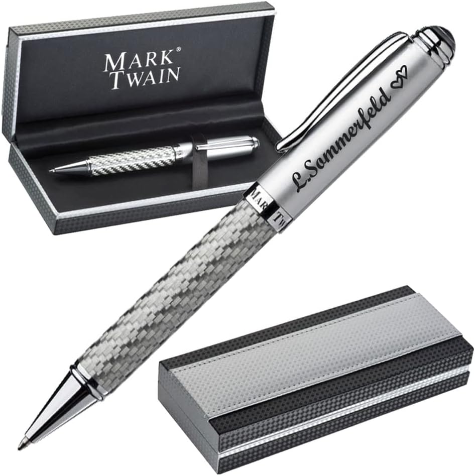 M A R K TWAIN Exclusive Ballpoint Pen with Engraving Metal Includes Gift Box in Silver Carbon Design Gift for Birthday Anniversary Various Occasions PS152