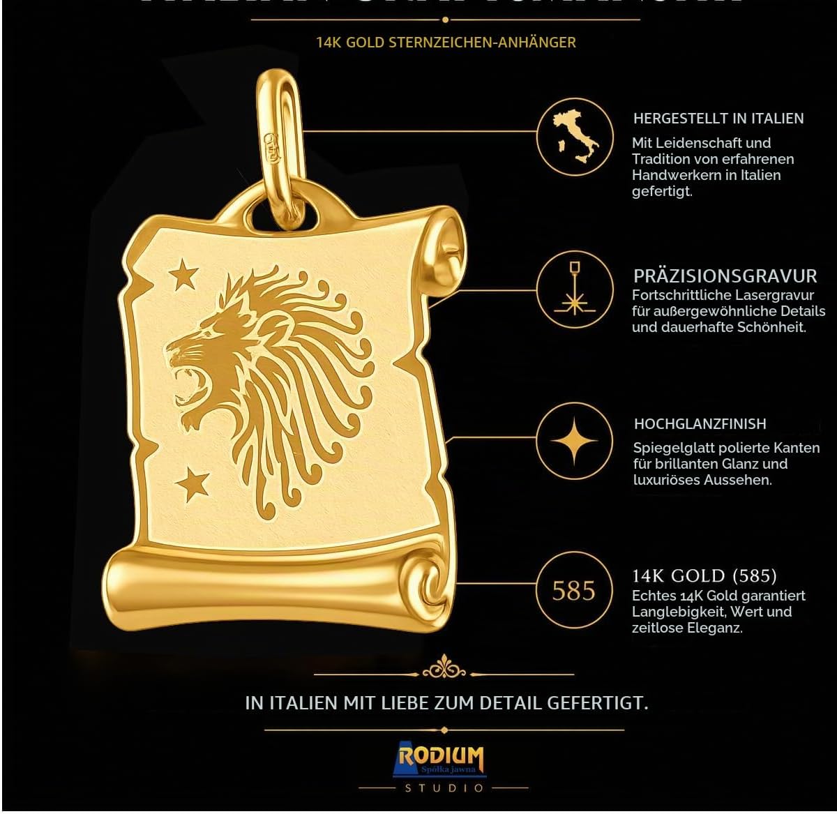 Rodium - Gold Pendant with Zodiac Sign 14K Gold/585 Fineness Charms for Necklace or Chain Bracelet Ideal Gifts Chain Pendant for Gold Jewellery – Bild 5