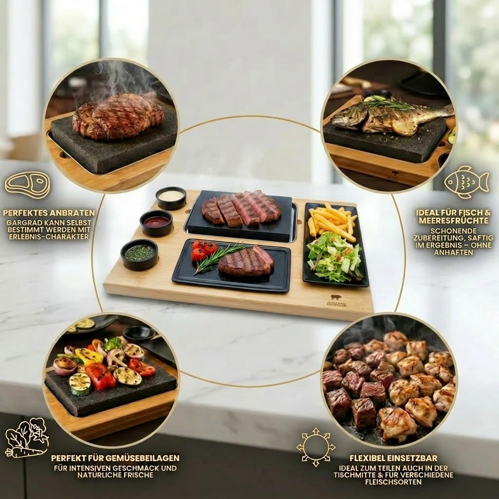 Hot Stone Lava Stone Steak Board Model EVO with Slate Plate, 3 Dip Bowls and a Side Plate, 8 Pieces, Hot Stone Steak – Bild 2