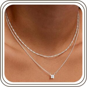 Women’s 925/14 K Silver Chain, Layerd, Multi-Row Silver Chain, 925/14 K with Cubic Zirconia Pendant, Waterproof Necklace, Boho Fashion Jewellery, Gift for Women, Girls, 38/45 cm