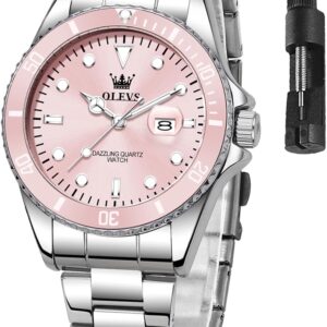OLEVS Women's Watch Analogue Quartz Waterproof Classic Women's Watch Silver Stainless Steel Strap with Date Diamond Slim Design Suitable for Narrow Wrists