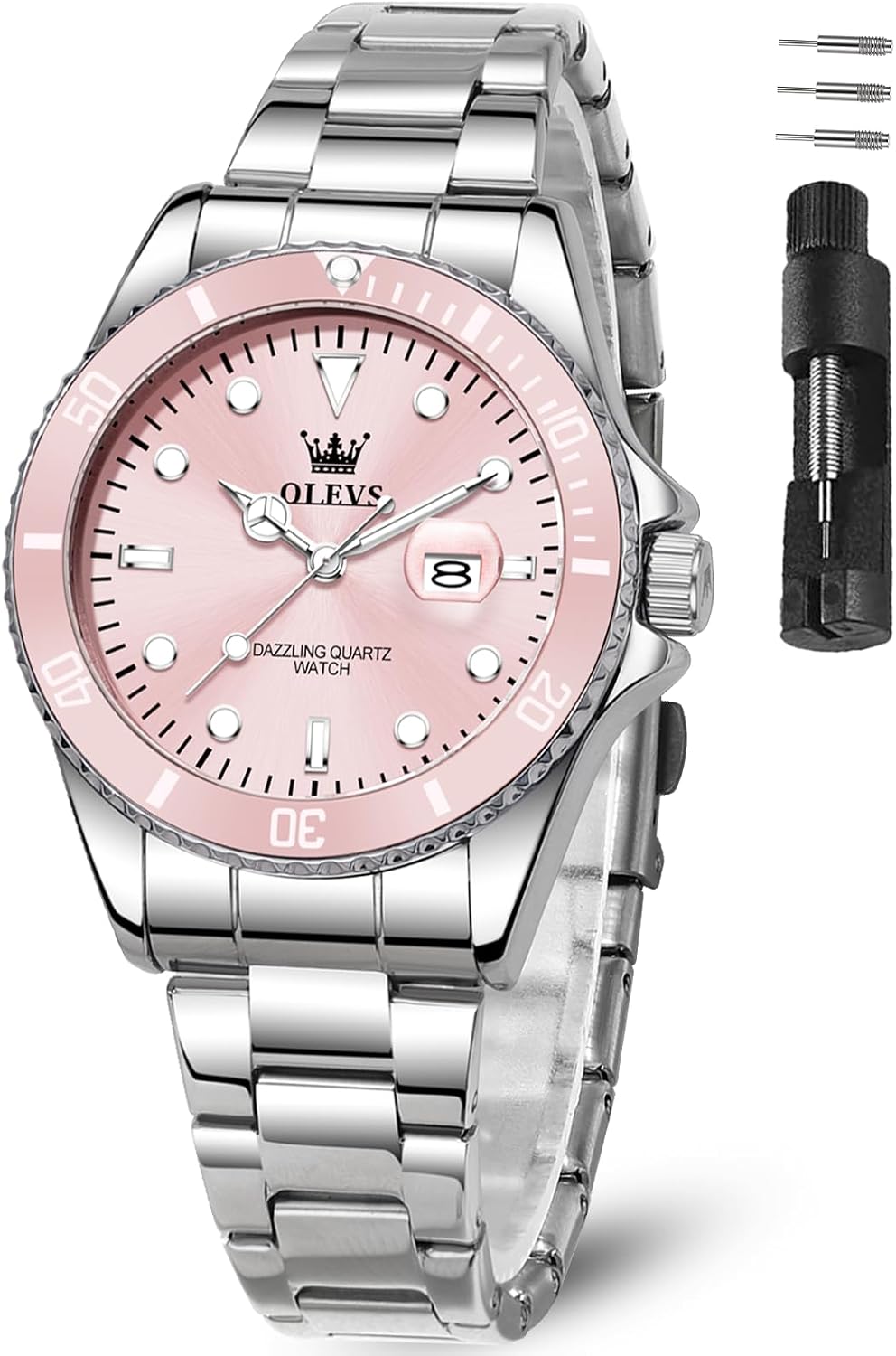 OLEVS Women's Watch Analogue Quartz Waterproof Classic Women's Watch Silver Stainless Steel Strap with Date Diamond Slim Design Suitable for Narrow Wrists