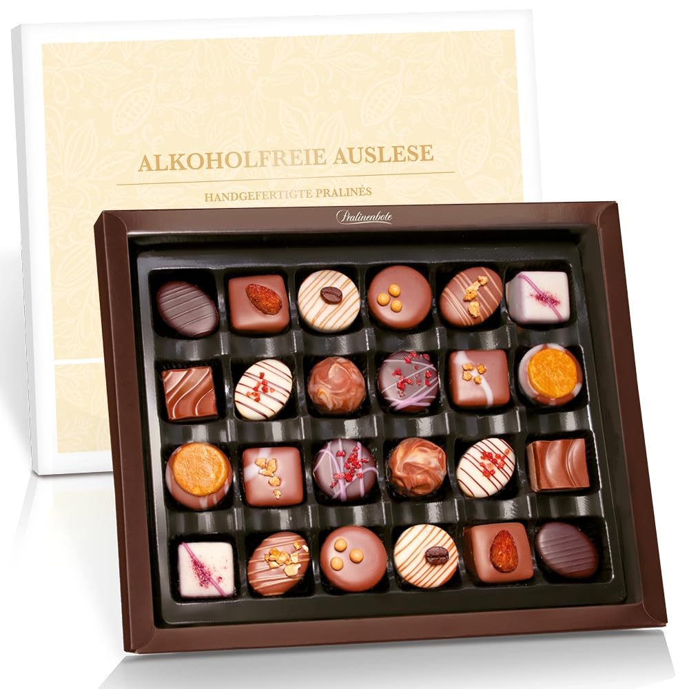 Pralinenbote Genussmanufaktur - Alcohol-free selection with 24 handmade chocolates of German chocolatiers, the exclusive chocolate gift