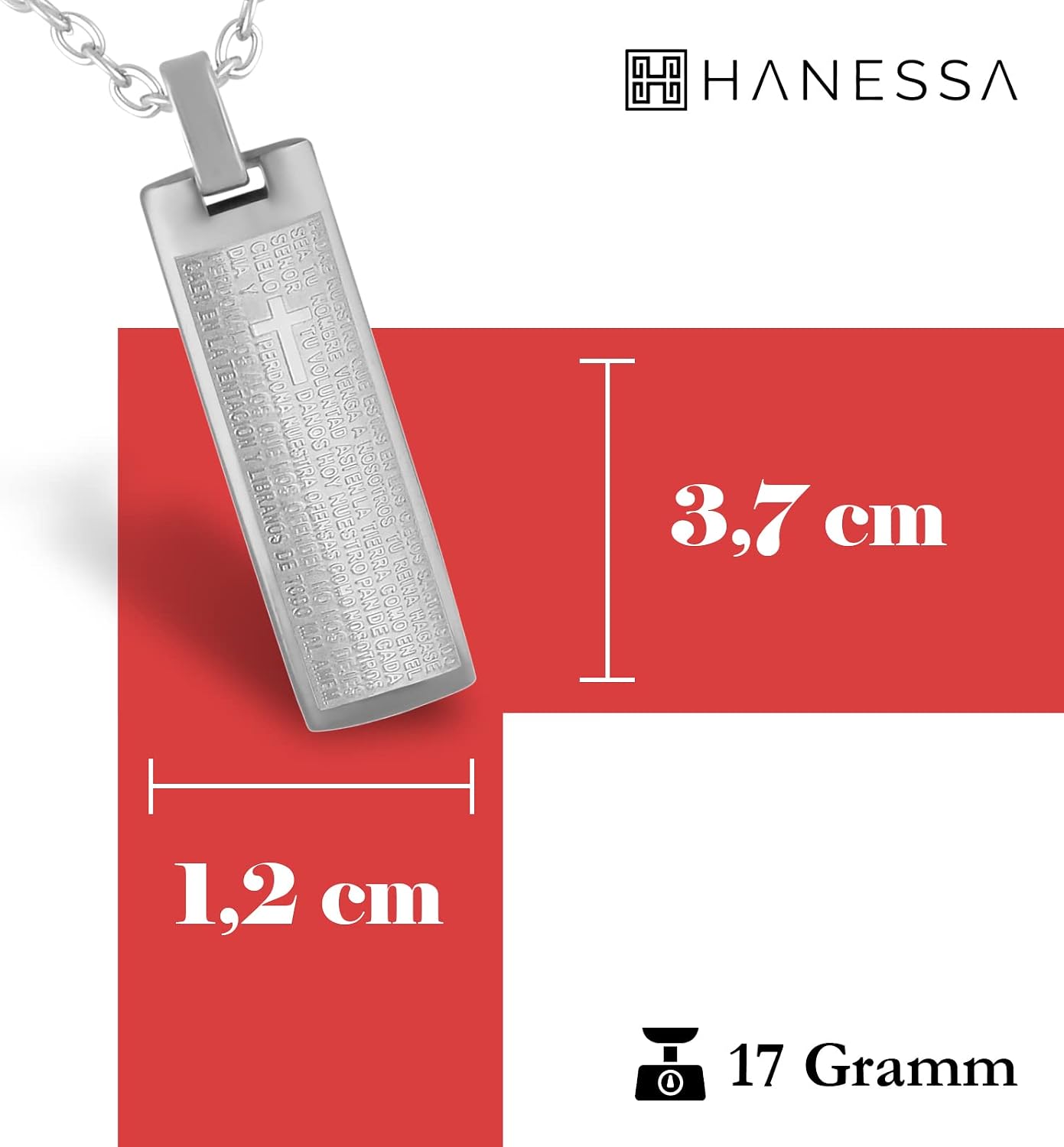 Personalised Necklace with Engraving Stainless Steel 45-60 cm with Pendant Rectangle with "Our Father" (Spanish) in Silver - Necklace Men and Women - Personalised Jewellery for Men and Women – Bild 3