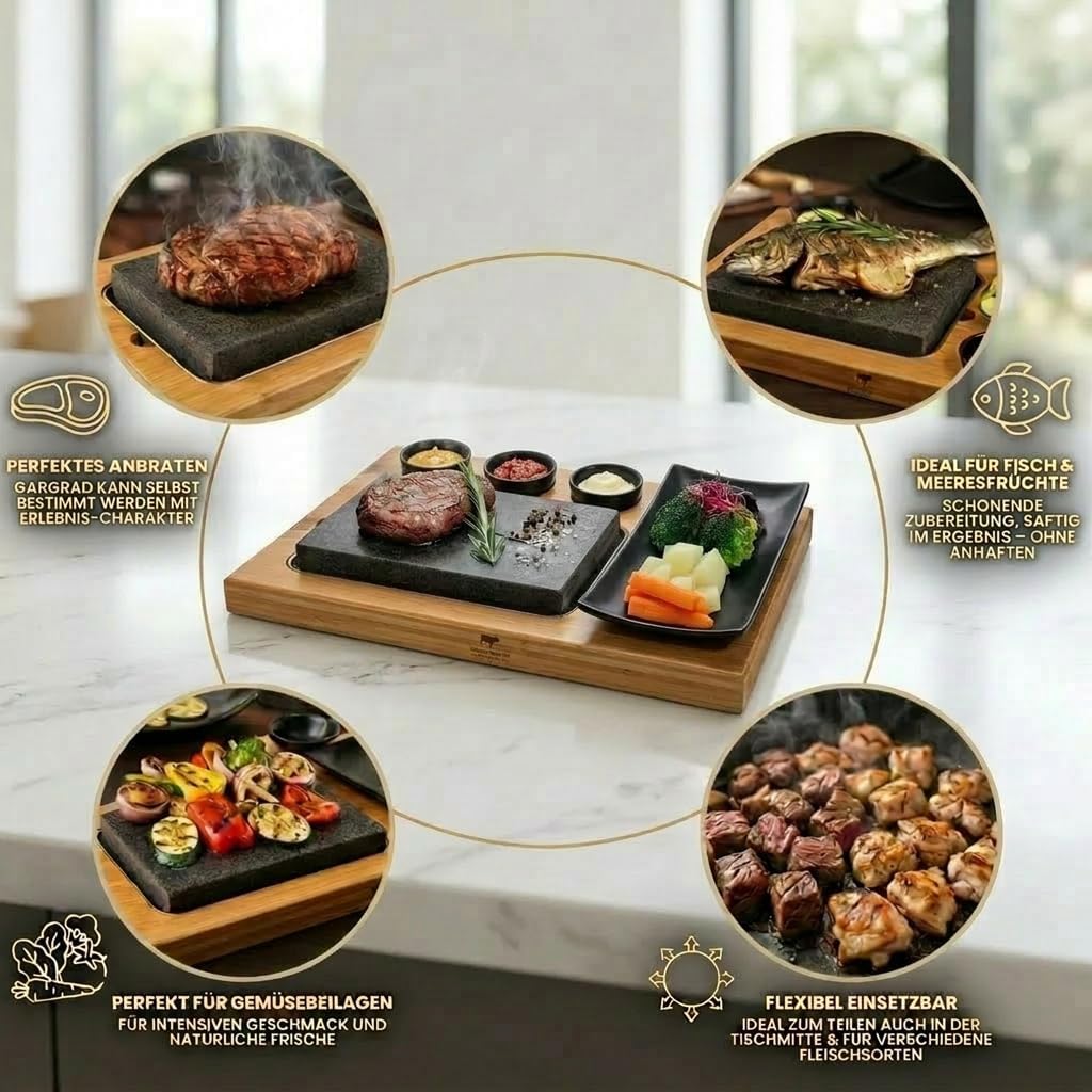 Hot Stone Lava Stone Steak Board Hot Stone Grill Set Made of Bamboo Board Lava Stone and Porcelain Plate, Meat, Fish Grilling on Hot Stone (Uno Black) – Bild 2
