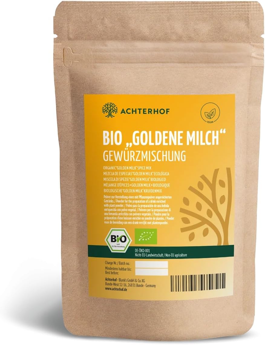 Golden Milk Spice Mix Organic 500 g Basic Ingredients for Golden Milk Ready Mixed with Turmeric Powder, Ginger Powder and Ceylon Cinnamon from Achterhof
