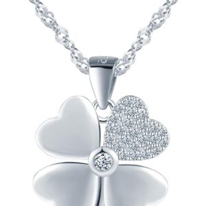 Women’s 925 Sterling Silver Necklace Cubic Zirconia 4 Leaves Clover Design Pendant with Chain, Silver