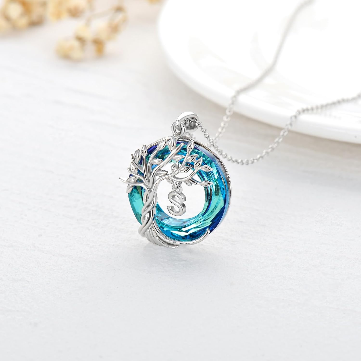 TOUPOP Tree of Life Chain Sterling Silver Tree of Life Initial Letter Pendant Necklace with Blue Crystal Jewellery Gifts for Mothers Birthday Gifts for Women Girls – Bild 6