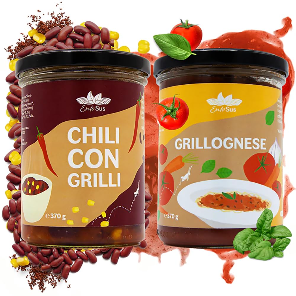 EntoSus Gourmet Duo - Two delicious sauces based on edible insects. The tasting set includes 1 x Chili Con Grilli and 1 x Grillognese in a glass of 370 g. Sustainable and high in protein