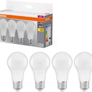 Osram 4 x LED Base Classic A Bulb, E27 Base, Non-Dimmable, Replaces 60 Watt, Matt, Warm White – 2700 Kelvin, Pack of 4