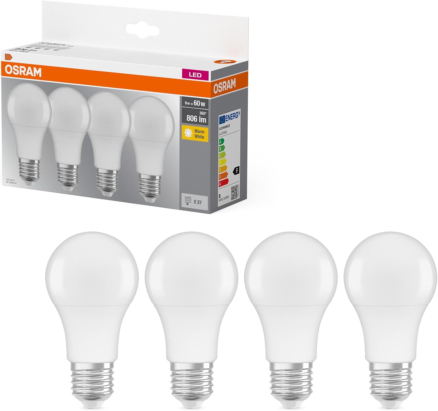 Osram 4 x LED Base Classic A Bulb, E27 Base, Non-Dimmable, Replaces 60 Watt, Matt, Warm White - 2700 Kelvin, Pack of 4