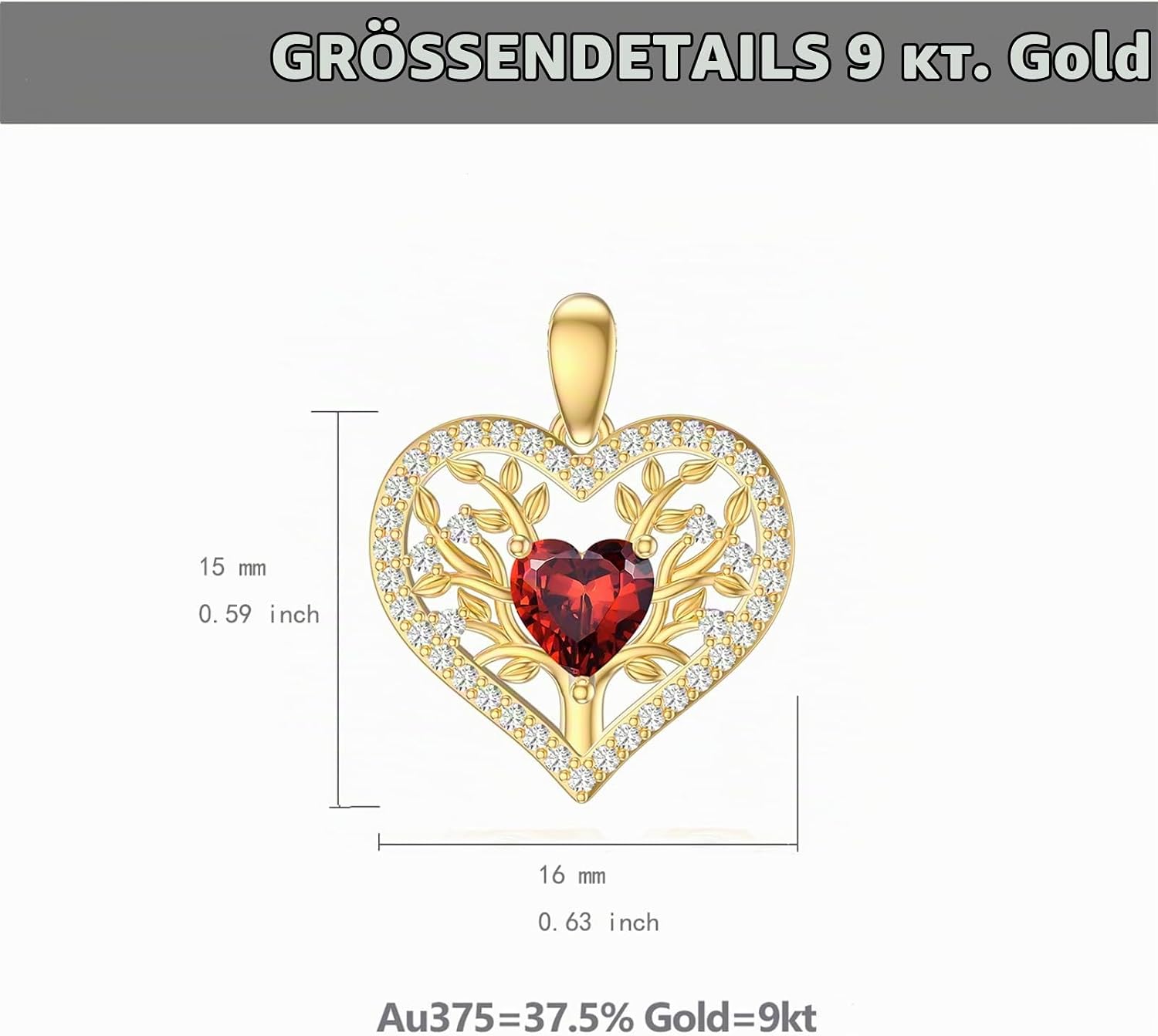 9k Gold Tree of Life Necklace for Women, 375/9ct Real Gold Tree of Life Birthstone Heart Pendant Necklace Jewellery Gifts for Birthday Christmas 40 + 5 cm – Bild 4