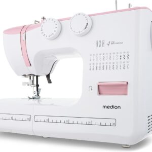MEDION SM60 Free-Arm Sewing Machine (60 Watt, 60 Different Stitch Patterns with Buttonholes, LED Sewing Light, Automatic Threader, Reverse Button, Thread Cutter, MD10689) Pink